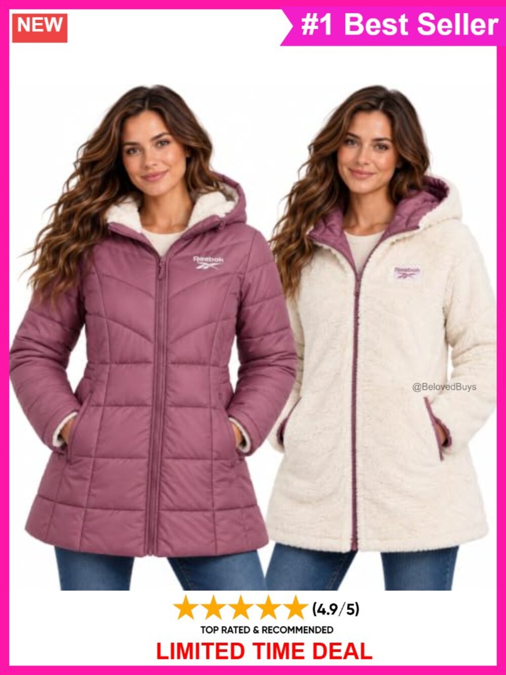 Reebok Reversible Sherpa Puffer Coat Hooded Winter Parka